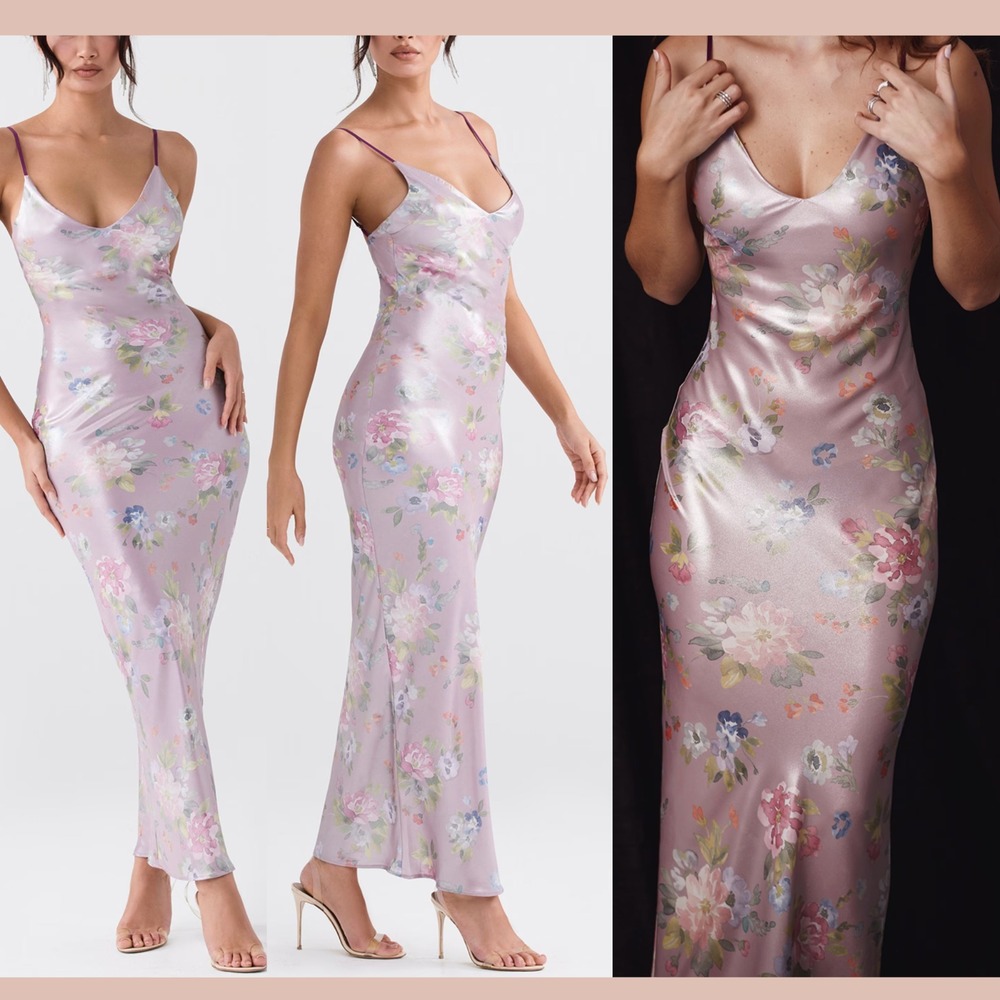 NEW $225 House of CB [ Small ] V Neck ARIA Mauve Floral Maxi Slip Dress‎ #7097 - Picture 2 of 16